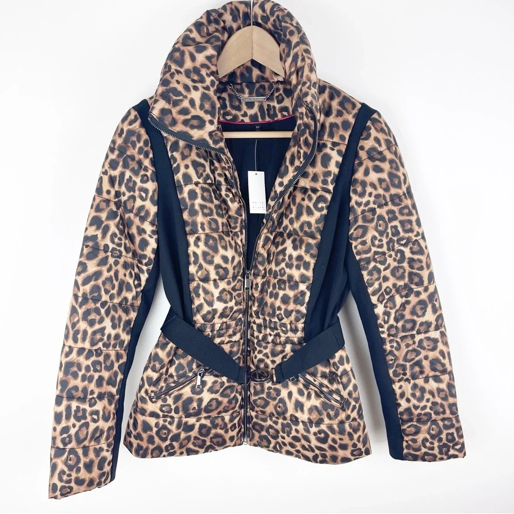White House Black Market Leopard Printed Puffer with Belt Size Extra Small NWT